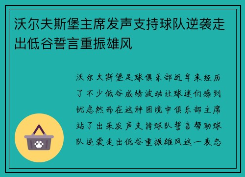 沃尔夫斯堡主席发声支持球队逆袭走出低谷誓言重振雄风