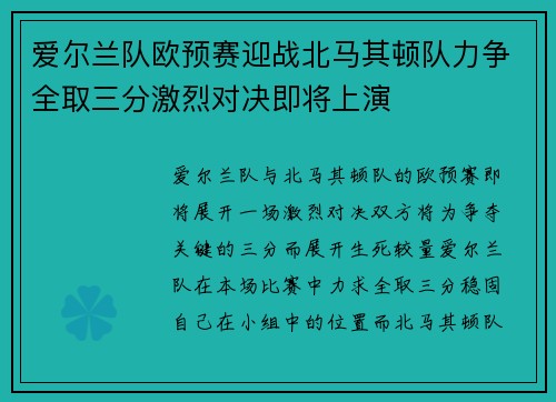 爱尔兰队欧预赛迎战北马其顿队力争全取三分激烈对决即将上演
