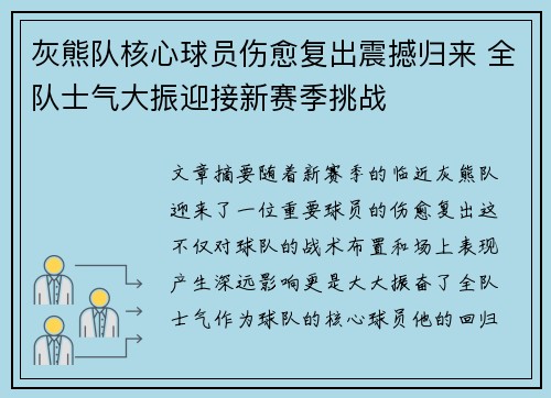 灰熊队核心球员伤愈复出震撼归来 全队士气大振迎接新赛季挑战